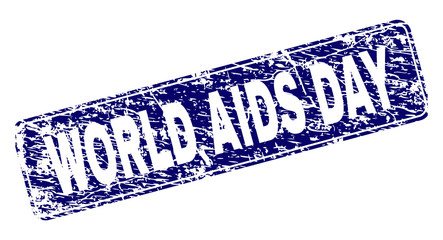 WORLD AIDS DAY stamp seal print with distress texture. Seal shape is a rounded rectangle with frame. Blue vector rubber print of WORLD AIDS DAY title with corroded texture.