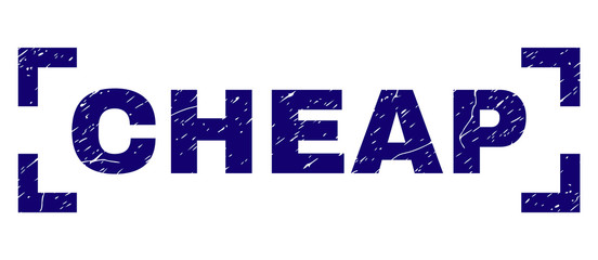 CHEAP title seal print with distress texture. Text title is placed inside corners. Blue vector rubber print of CHEAP with dust texture.