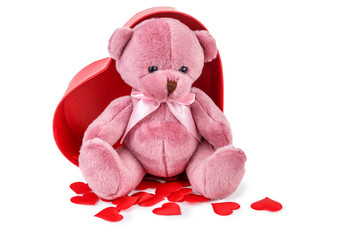 The red cardboard box in the shape of a heart with a Teddy bear