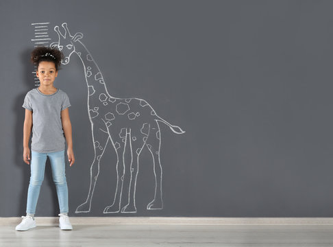 African-American child measuring height near chalk giraffe drawing on grey wall. Space for text