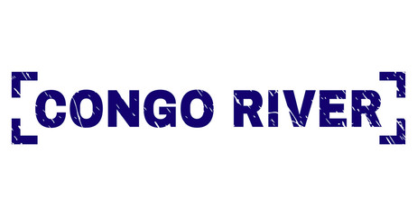 CONGO RIVER title seal print with distress texture. Text caption is placed inside corners. Blue vector rubber print of CONGO RIVER with unclean texture.