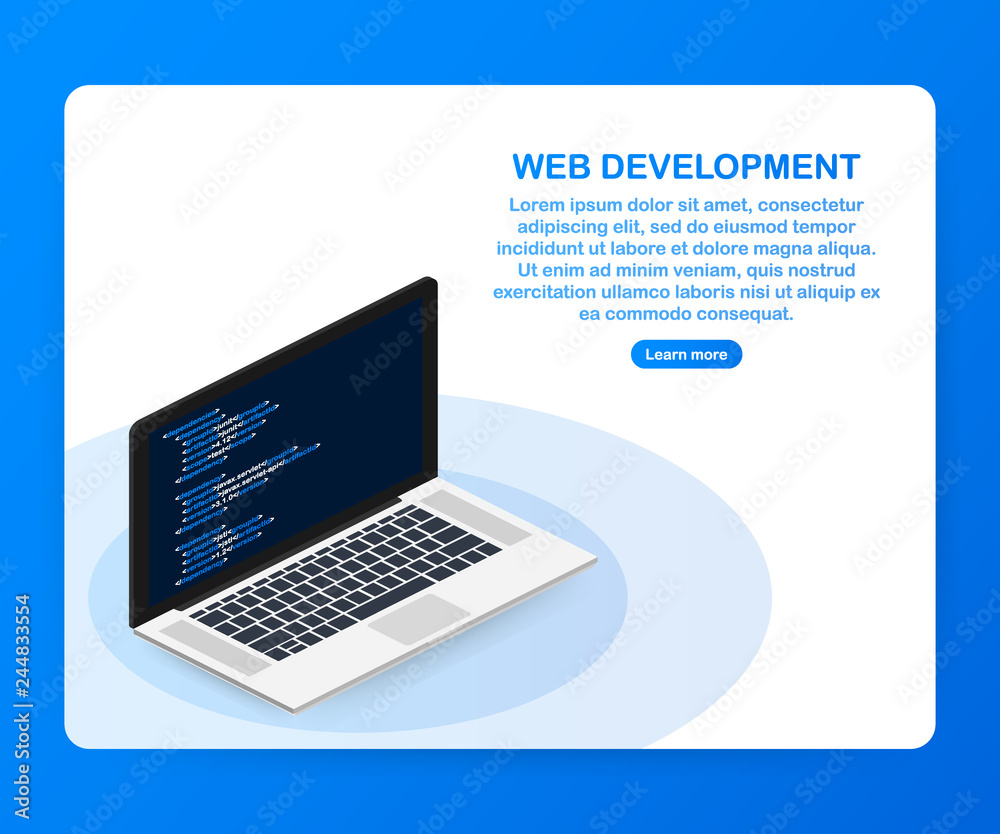 Poster programming, web development concept. code on the screen laptop. vector illustration.