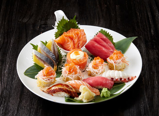 Delicious Japanese food, sushi and sashimi closeup