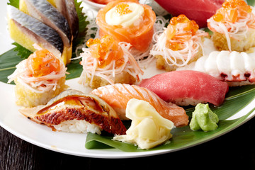 Delicious Japanese food, sushi and sashimi closeup
