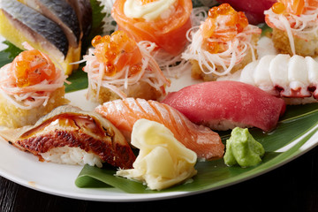 Delicious Japanese food, sushi and sashimi closeup