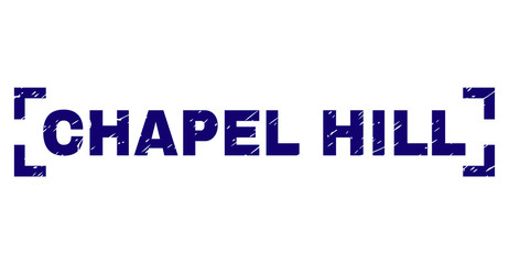 CHAPEL HILL label seal print with corroded texture. Text tag is placed between corners. Blue vector rubber print of CHAPEL HILL with corroded texture.