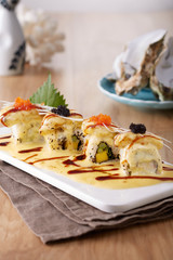 Japanese cuisine,Sushi roll with salmon and shrimp tempura
