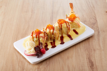 Japanese cuisine,Sushi roll with salmon and shrimp tempura
