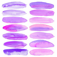 Set of purple watercolor on white background, Brush stroke watercolor, Vector illustration.