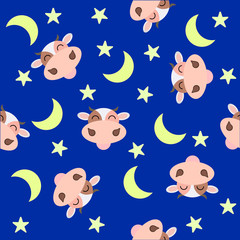 Vector image pattern cow with many stars and moon