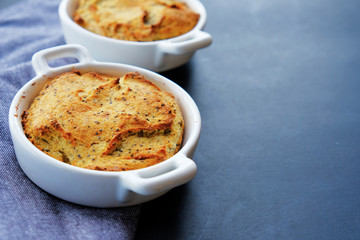 Lemon poppy seed bread in small baking dish with copy space.