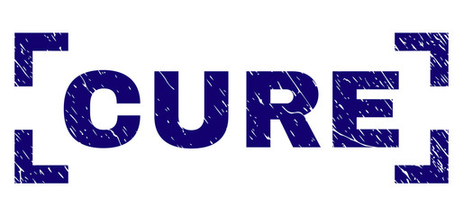 CURE label seal print with distress texture. Text label is placed between corners. Blue vector rubber print of CURE with grunge texture.