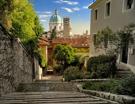 Fototapeta Beautiful sunset view of the Duomo cupola over the town Brescia in Lombardy, Italy