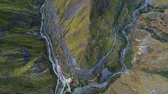 An aerial shot of the "Nariz del Diablo" or  Devil's Nose in Alaus&radic;&ne;, Chimborazo Province, Ecuador. The Devil's Nose slide is one of the most picturesque, and dangerous railways in the world.