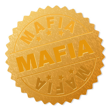 MAFIA gold stamp badge. Vector gold medal with MAFIA text. Text labels are placed between parallel lines and on circle. Golden surface has metallic effect.
