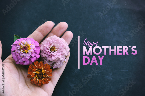 Happy Mother's Day graphic with person holding Zinnia flower heads on banner.