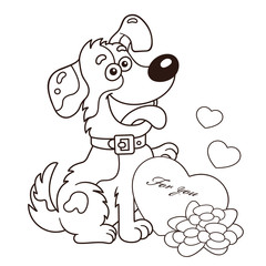 Coloring Page Outline Of cartoon dog with flowers and heart. Greeting card. Birthday. Valentine's day. Coloring book for kids.