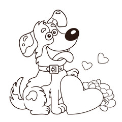 Coloring Page Outline Of cartoon dog with flowers and heart. Greeting card. Birthday. Valentine's day. Coloring book for kids.