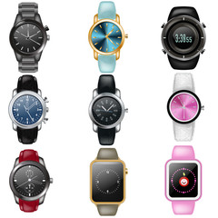 Watch vector business wristwatch or fashion wrist clock with clockwork and clockface clocked in time illustration set of modern clocking alarm timer isolated on white background