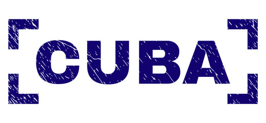 CUBA tag seal print with corroded texture. Text tag is placed between corners. Blue vector rubber print of CUBA with unclean texture.
