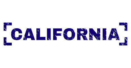 CALIFORNIA text seal watermark with grunge texture. Text caption is placed between corners. Blue vector rubber print of CALIFORNIA with corroded texture.