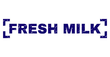 FRESH MILK caption seal stamp with corroded texture. Text label is placed between corners. Blue vector rubber print of FRESH MILK with corroded texture.