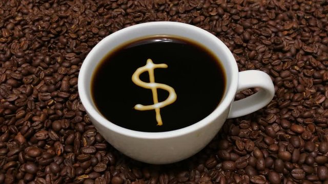 Cup of coffee, surrounded by coffee beans, with a dollar sign that floats up into center of the mug