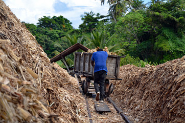 A man in a bright blue shirt pushing a rickety wooden cart down a rail running through mountains of...