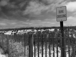 Black & White Photo of a Dune Crossing Sign at the Beach - with a Dune Crossing Sign, Fence and Bushes on a Cloudy Summer Day in the East Coast United States