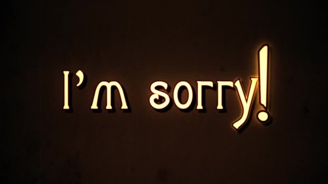 A text message, fancy retro font, 1970s damaged film style, appearing with a letter enlargement animation: I'm sorry.