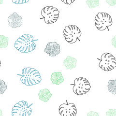 Light Blue, Green vector seamless natural background with flowers, leaves.
