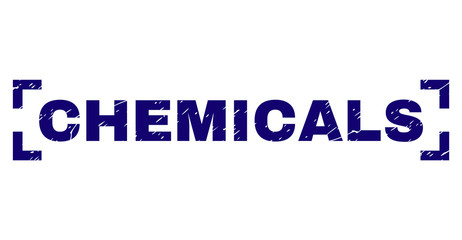 CHEMICALS label seal print with grunge style. Text label is placed inside corners. Blue vector rubber print of CHEMICALS with unclean texture.