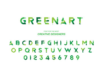 Green Eco original bold font alphabet letters and numbers for creative design template for logo. Flat illustration EPS10 - obrazy, fototapety, plakaty