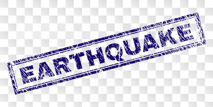 EARTHQUAKE stamp seal print with corroded style and double framed rectangle shape. Stamp is placed on a transparent background. Blue vector rubber print of EARTHQUAKE label with corroded texture.