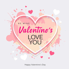 Happy Valentine's Day heart shape love you message watercolor pink background, vector illustration