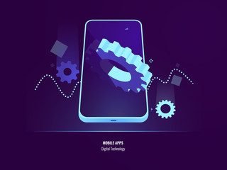 Mobile apps development, application installing and update concept, smartphone setting, big gear in screen of mobile phone, 3d isometric vector