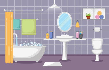 Fototapeta na wymiar Bathroom Interior Clean Modern Room Furniture Flat Design