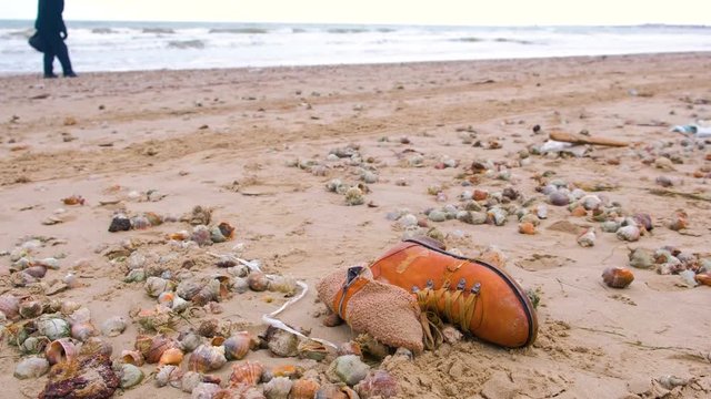 Old brown boot among the rapan shells in sand on sea beach after storm.