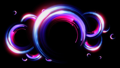 Glow neon balls. Colorful space tunnel. Glint sphere. Vivid rings. Circle frame of title place. Bright background for text. Glare abstract composition. Beautiful design of magic bubbles. 3D rendering