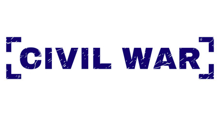 CIVIL WAR title seal stamp with grunge texture. Text tag is placed inside corners. Blue vector rubber print of CIVIL WAR with dirty texture.