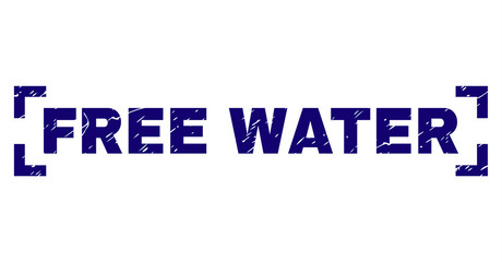 FREE WATER tag seal print with grunge texture. Text title is placed between corners. Blue vector rubber print of FREE WATER with grunge texture.