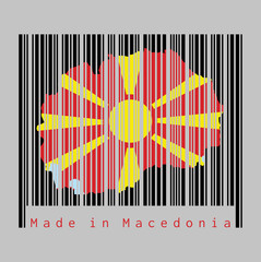 Barcode set the shape to Macedonia map outline and the color of Macedonia flag on black barcode with grey background.