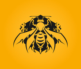 Stylized bee icon on hexagon with honeycomb 