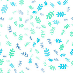 Light Blue, Green vector seamless doodle background with leaves, branches.