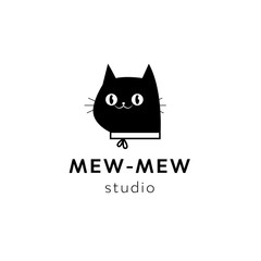 Vector black minimal cat head logo element design template. Pet shop funny cartoon animal mascot character icon, sign for animal business