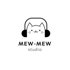 Vector black minimal cat head logo element design template. Music studio funny cartoon animal mascot character icon, sign for audio business