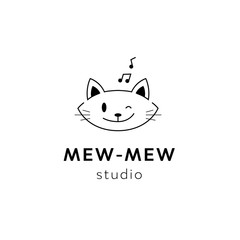Vector black minimal cat head logo element design template. Music studio funny cartoon animal mascot character icon, sign for audio business