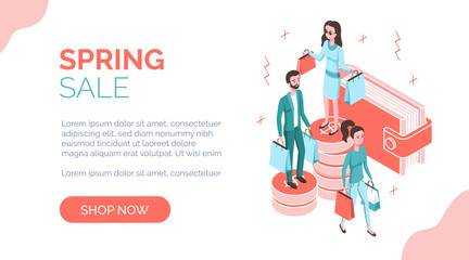 Modern isometric people characters with goods purchases,landing page template web online shopping concept.Isometrics icons spring sale banner design template