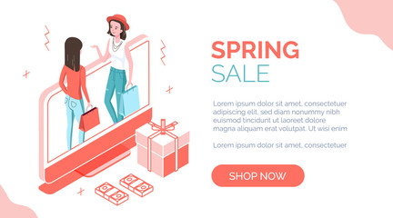 Modern isometric people characters with goods purchases,landing page app web online shopping concept.Isometrics icons spring sale banner design template