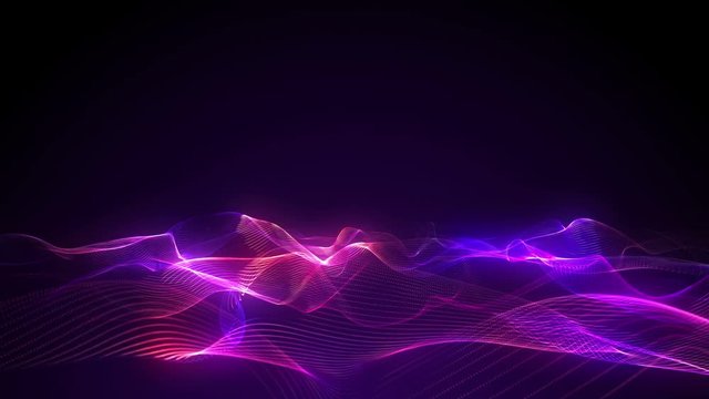 Big data wave of particles. Futuristic pink and blue neon glowing surface. Abstract motion background
